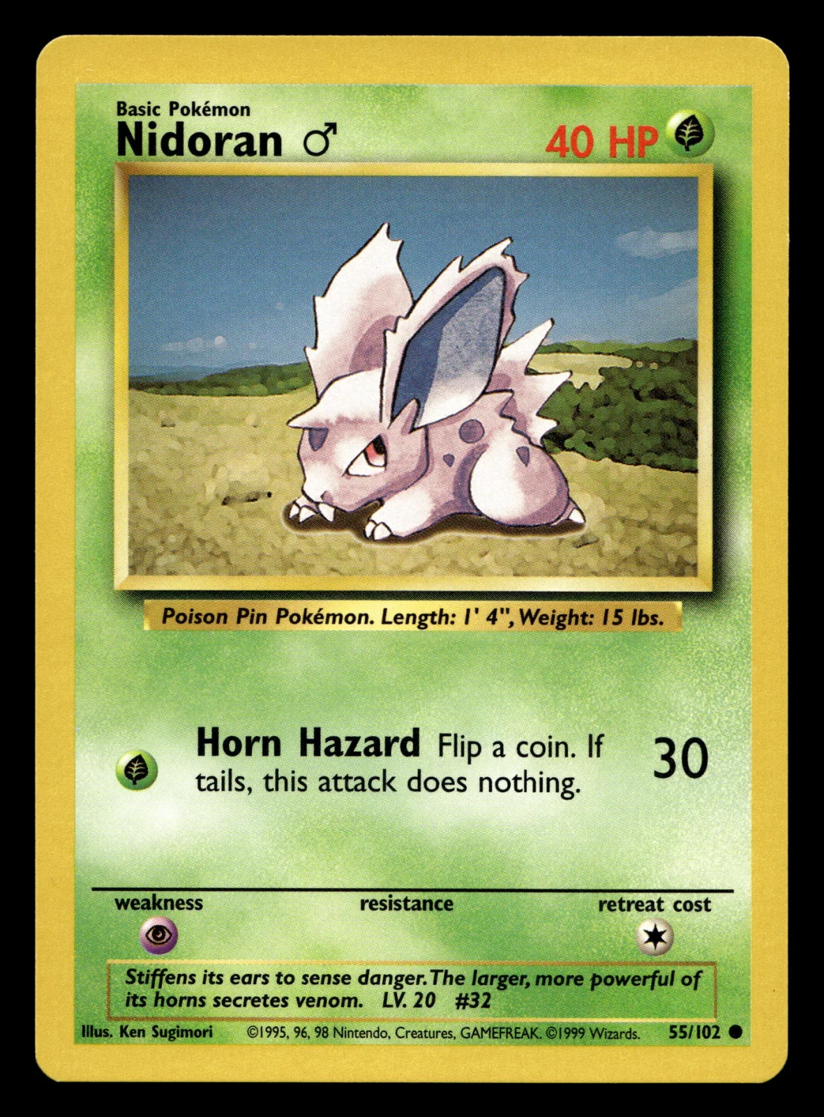 Voorkant Nidoran ♂ 55/102 uit Base Set Common Excellent + conditie Pokémon kaart productfoto EX+ 1/3