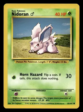 Voorkant Nidoran ♂ 55/102 uit Base Set Common Excellent + conditie Pokémon kaart productfoto EX+ 1/3